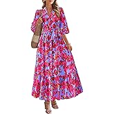 MASCOMODA Womens Floral Maxi Dresses Boho Summer Casual V Neck 3/4 Puff Sleeve Button Down Tie Waist Long Flowy Shirt Dress