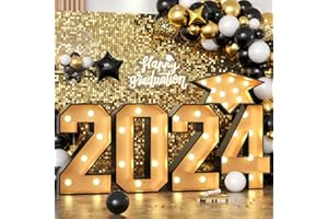 FunHot Marque Light Up Numbers, 2024 Marquee Numbers with Lights Black Gold Mosaic Frame Number Graduation Cap Decoration Pre-Cut Cardboard for New Year Anniversary 2024 Graduation Party Decorations