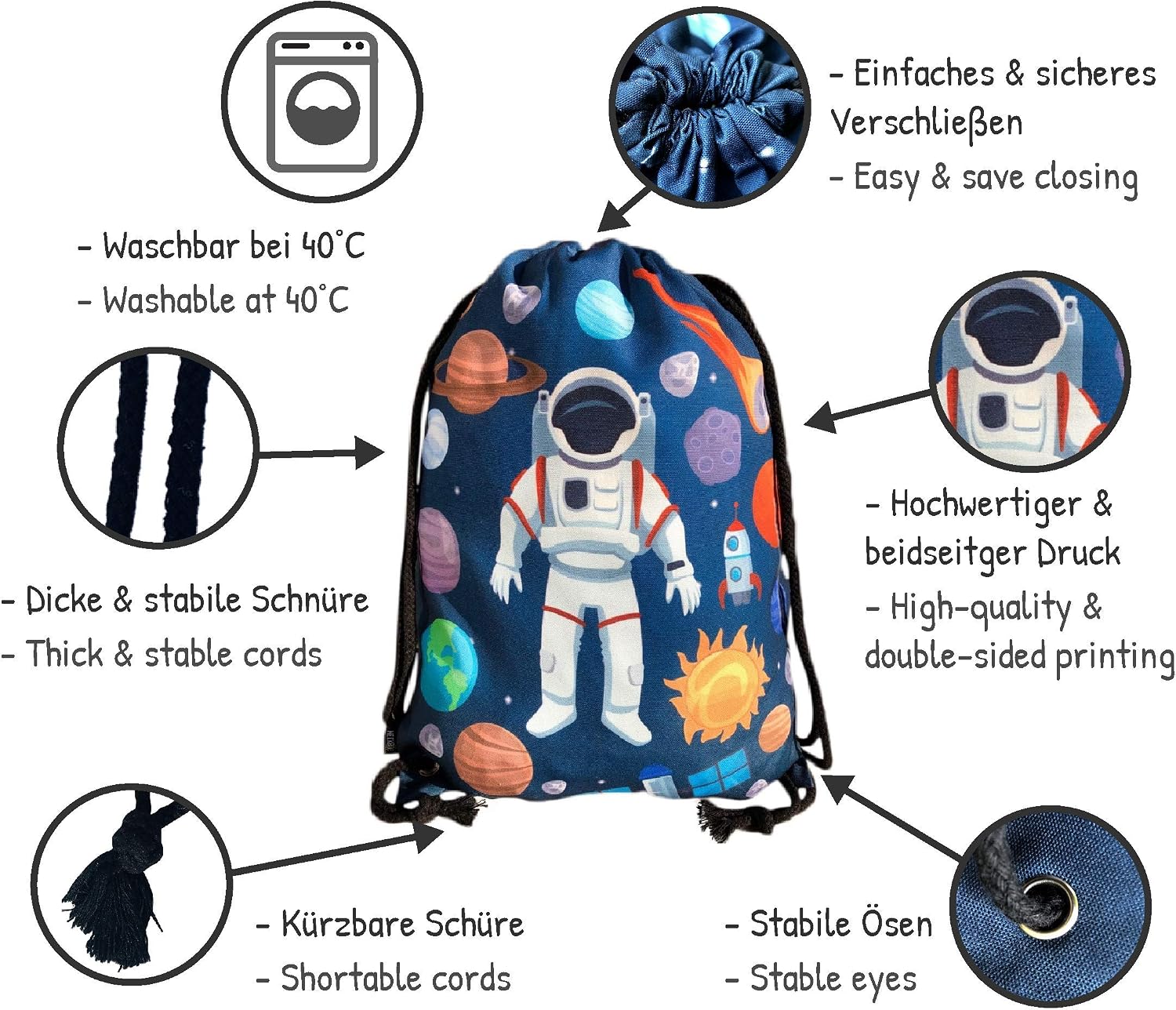HECKBO kids astronaut space gym drawstring bag, 40x32cm, 12.6" x 15.8", string bag - Image 4