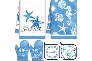 Sunnychicc Summer Starfish Shells Oven Mitts and Pot Holders Kitchen Dish Towels Set Shell Summer Kitchen Towels and Dishcloths for Baking Cooking Women BBQ Grilling Hand Dish Gifts