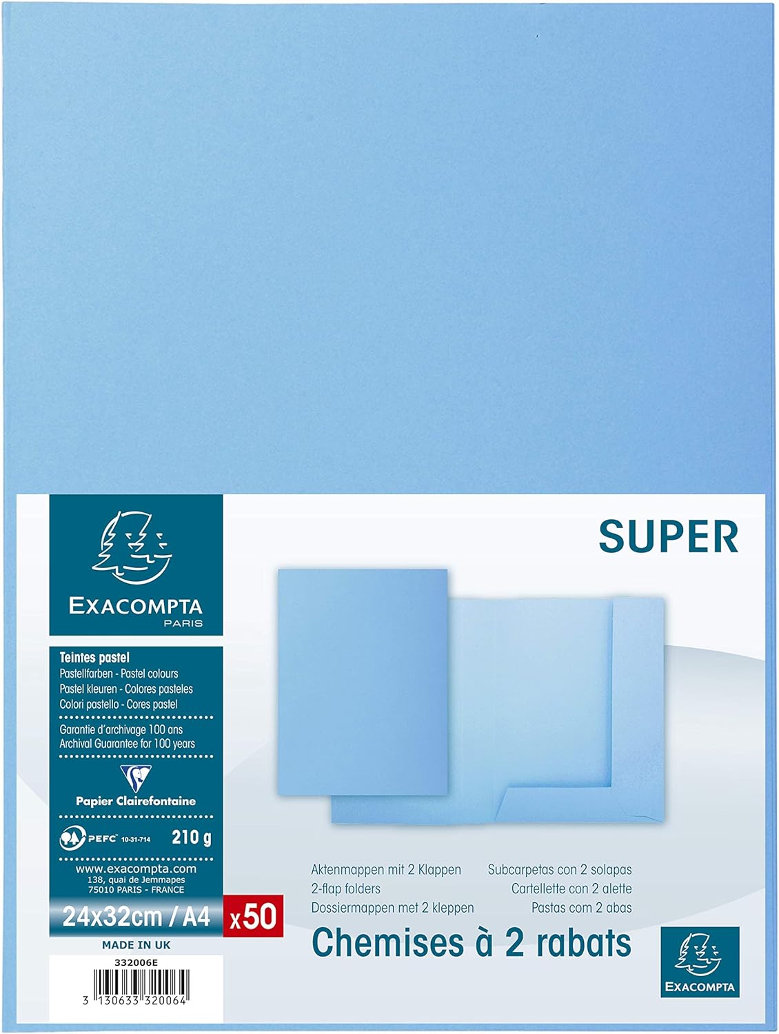 Exacompta, Ref 332006E, Super 210 2-Flap Folders, 240 x 320mm in Size, Suitable for Holding A4 Documents, 210gsm Card
