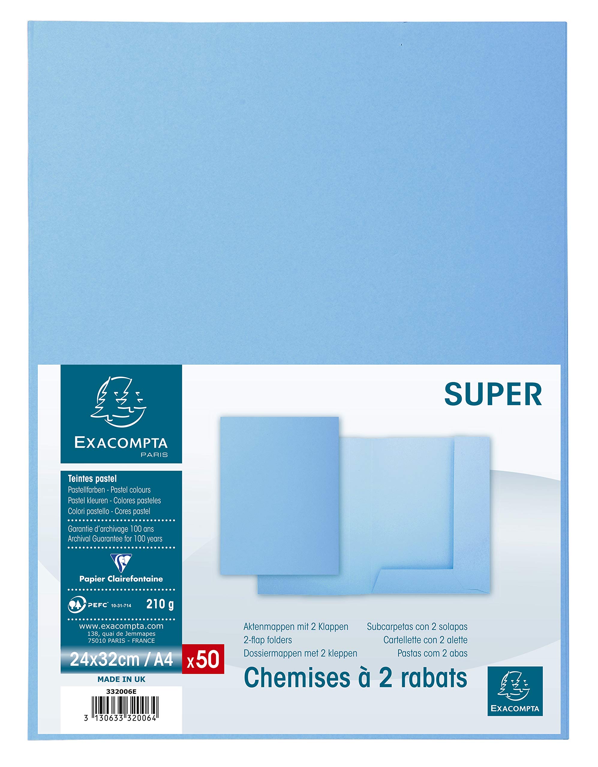 Exacompta - Ref 332006E - Super 210 2-Flap Folders - 240 x 320mm in Size, Suitable for Holding A4 Documents, 210gsm Card, 2 Internal Flaps - Light Blue (Pack of 50)