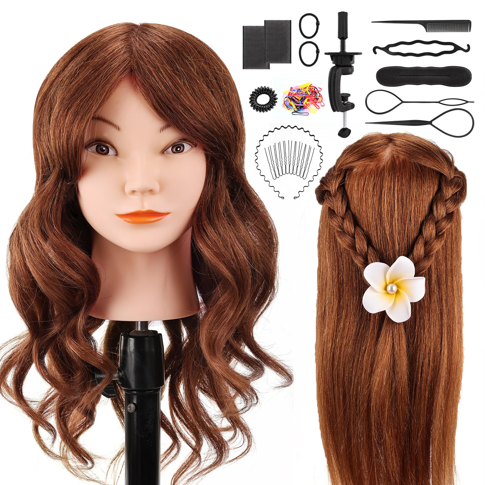 Hairdressing Head, Yofuly 18 Inch Training Head 100% Real Human Hair, Cosmetology Mannequin Head with Table Clamp & DIY Hair Braid Set （Brown）