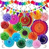 Huryfox Fiesta Party Decorations - 33pcs Colorful Mexican Themed Hanging Paper Fans, Rainbow Pom Poms, Fiesta Bunting and Tissue Paper Streamers for Birthday, Festival, and Rainbow Parties