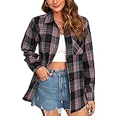 Stamain Plaid Shirts for Women Casual Button Down Flannel Shirt Plus Size Roll Up Long Sleeve Checkered Blouse Tops
