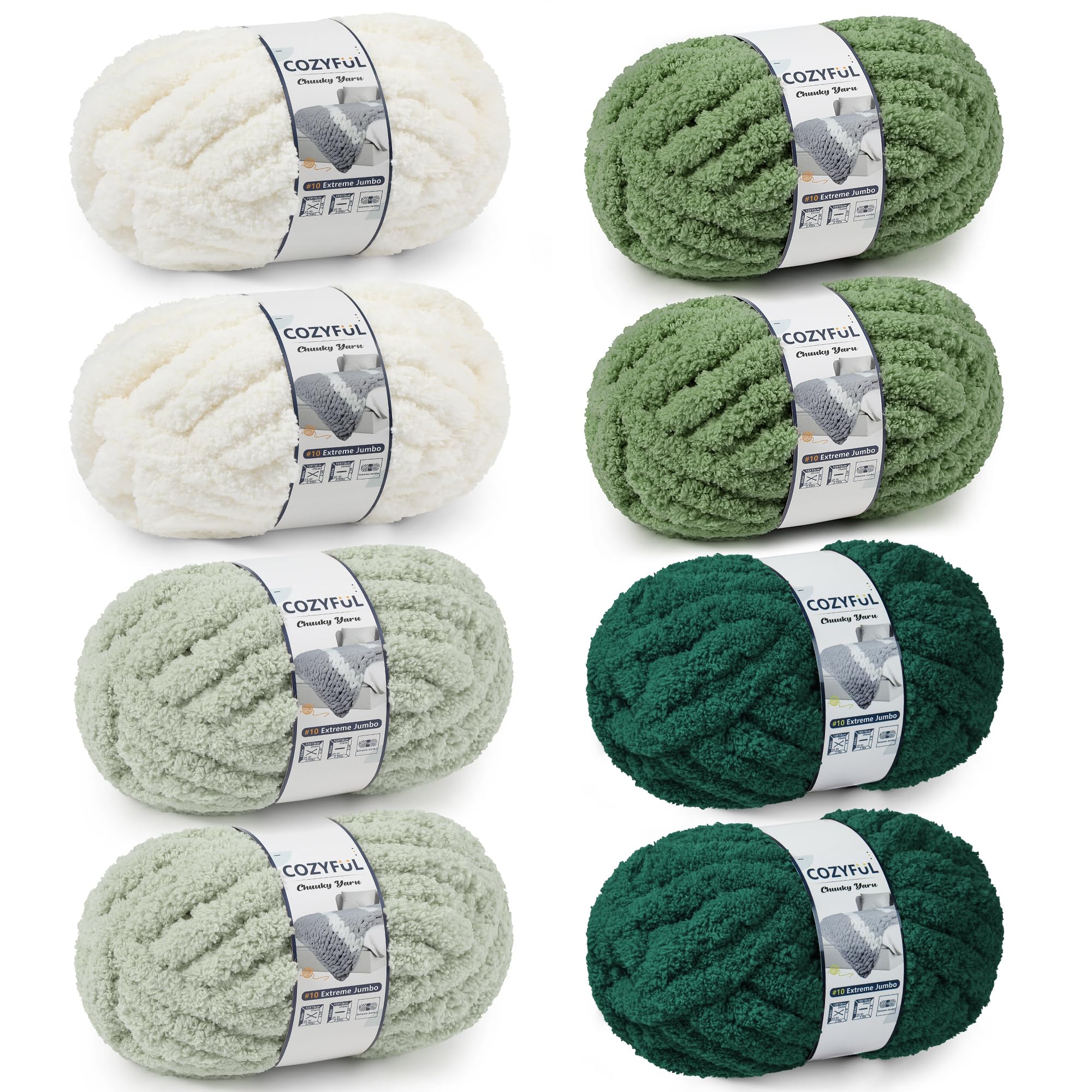 Photo 1 of Cozyful Chunky Yarn for Hand Knitting - #10 Chunky Chenille Yarn, Jumbo Big Thick Chunky Yarns for Crocheting, Super Bulky Chunky Knit Blanket Yarns, 8 Skein (25yd, 8oz/Skein), Cream & Multi Green