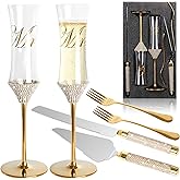 juciasouul 6 Pcs Wedding Cake Knife and Champagne Flutes Server Set, Mr and Mrs Champagne Flutes with Fork, Crystal Rhinestone Bride and Groom Champagne Glasses for Wedding Engagement Gifts