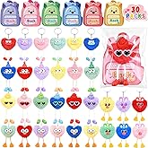 MOVINPE 30 Pack Kids Keychains Valentine’s Day Classroom Gift Exchange, Fluffy Plush Keychains with Gift Cards & Bags, Bulk Classroom Prizes, Treasure Chest Toys for Kids School Party Favors