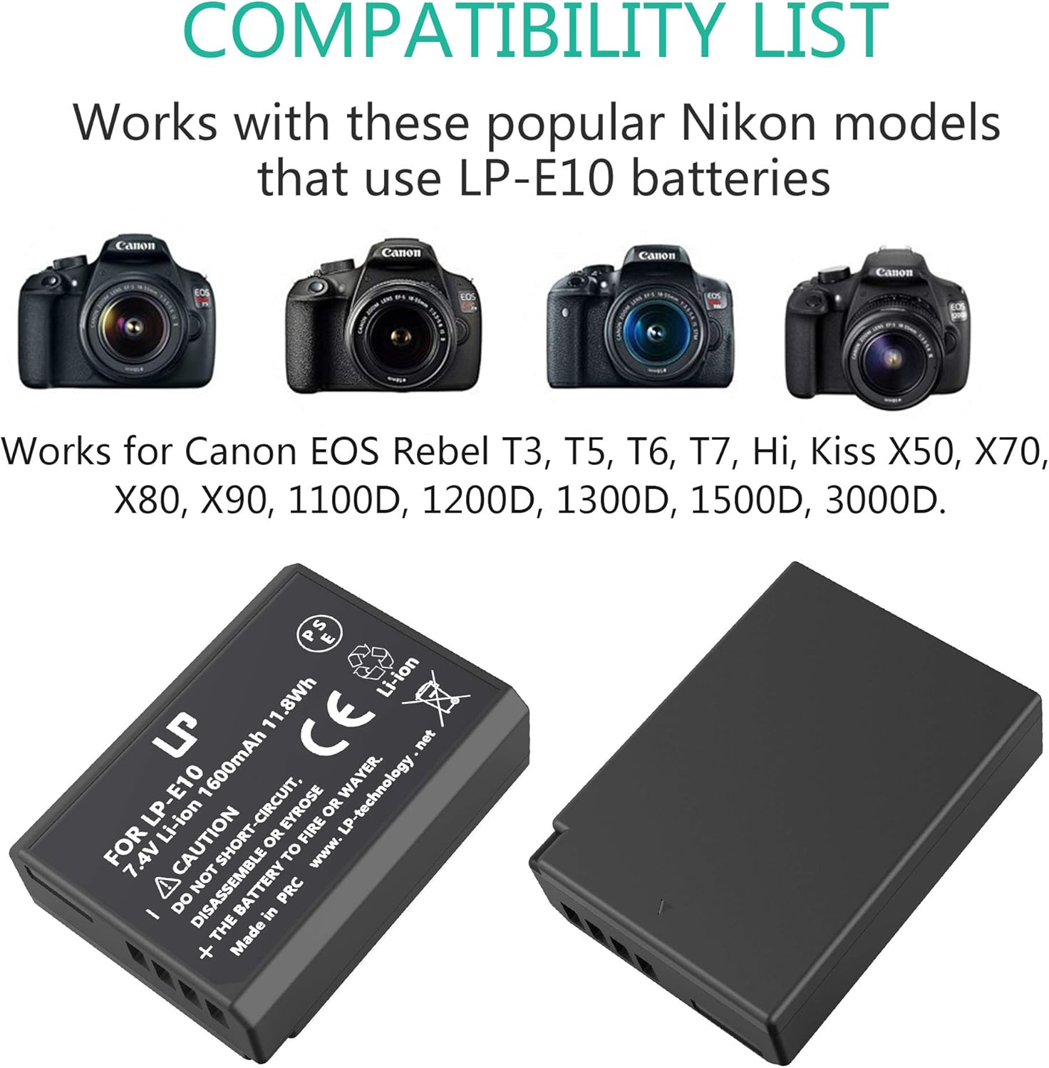 LP-E10 Battery Charger Pack, LP 2-Pack Battery & Charger, Compatible with Canon EOS Rebel T7, T6, T5, T3, T100, 4000D, 3000D, 2000D, 1500D, 1300D, 1200D, 1100D &More (Not for T3i T5i T6i T6s T7i) : Camera & Photo