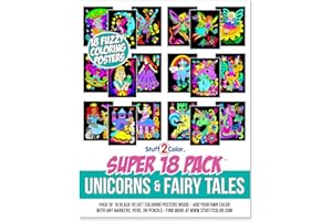 STUFF2COLOR Super Pack of 18 Fuzzy Coloring Posters (Unicorns & Fairy Tales Edition) - Arts & Crafts for Girls and Boys - Great for After School, Travel, Planes, Group Activities, and Coloring with Friends