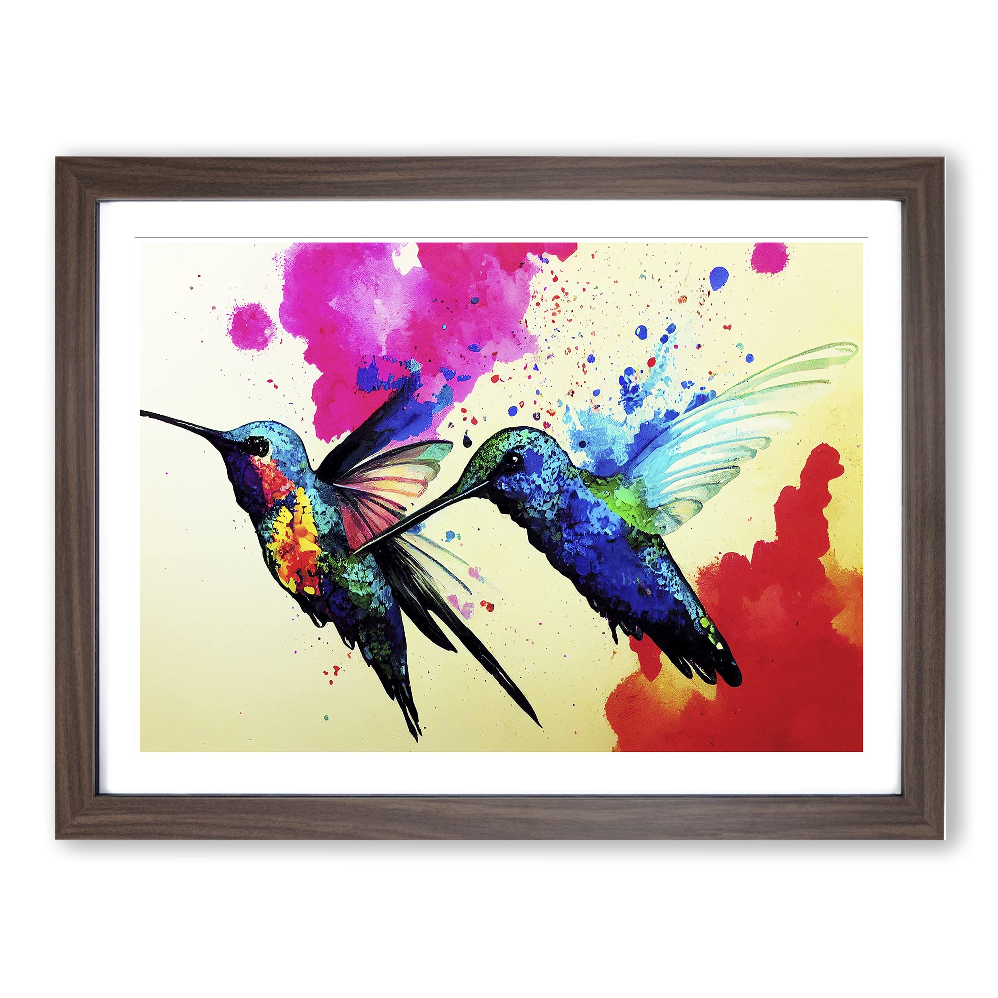 Hummingbird Splatter Vol.1 Abstract WHT Framed Print | A4 Walnut Framed Wall Art | Ready to Hang | Abstract Fantasy Picture | Living Room Bedroom Lounge Office