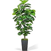 KOPWVA Artificial Fiddle Leaf Fig Tree 6ft, 6 Feet Large Tall Fake Plants Indoor with Modern Style Planter, Artificial Silk Tree for Home Office Living Room Decor Indoor, More Lifelike & Lush (Black)