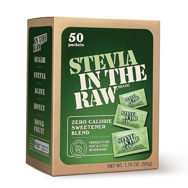 STEVIA IN THE RAW STEVIA SWEETENER PACKETS, 50 CT, ZERO CALORIE STEVIA SUGAR SUBSTITUTE PACKETS, NO ERYTHRITOL OR ARTIFICIAL FLAVORS, VEGAN, GLUTEN FREE, KOSHER, LOW GLYCEMIC INDEX