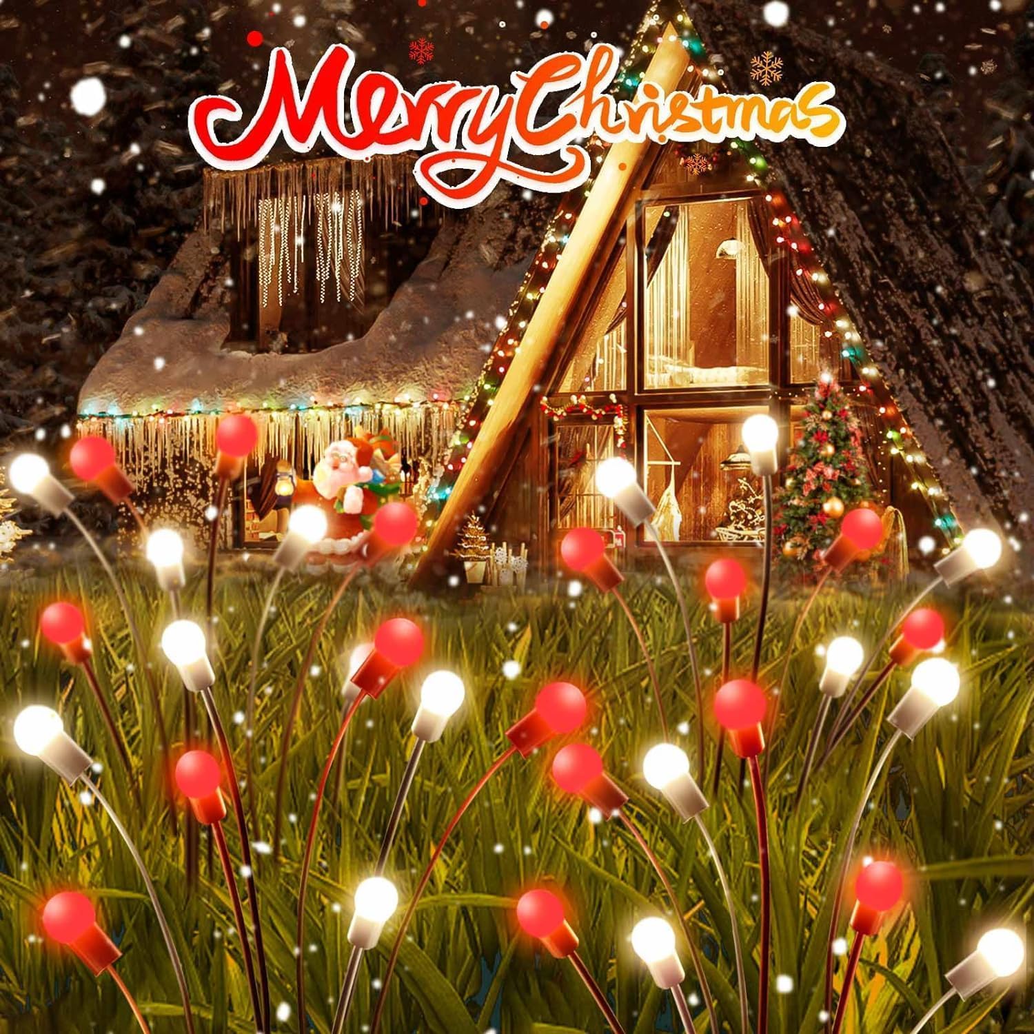 Photo 1 of OZS 6Pack Total 48LED Solar Garden Lights Christmas Fairy Outdoor - Solar Firefly Lights Fairy Outdoor, Sway by Wind, Waterproof for Pathway Patio Yard Christmas Decorations(Red&White)