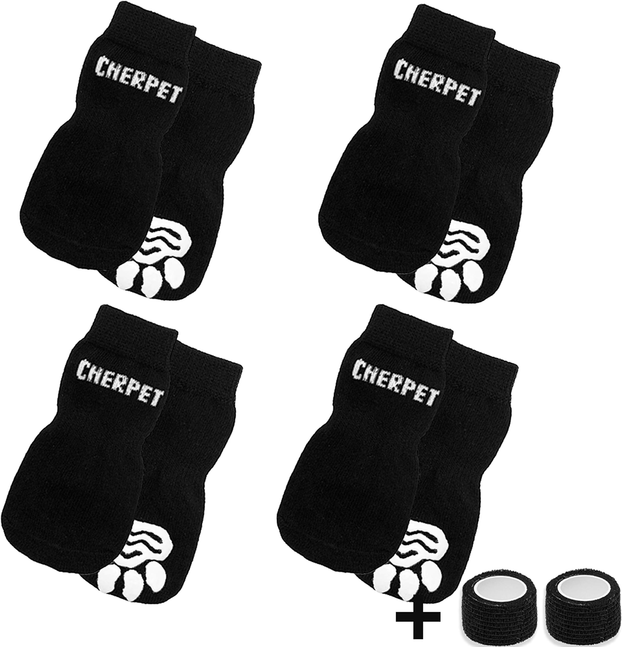 CHERPET Anti-Slip Dog Socks - Non Slip Grip Socks with Self-Adhesive Tape Walking On Hardwood Floors Indoor, Soft Breathable Black Cute Dog Paw Protectors Traction Control Small Medium Large Dogs