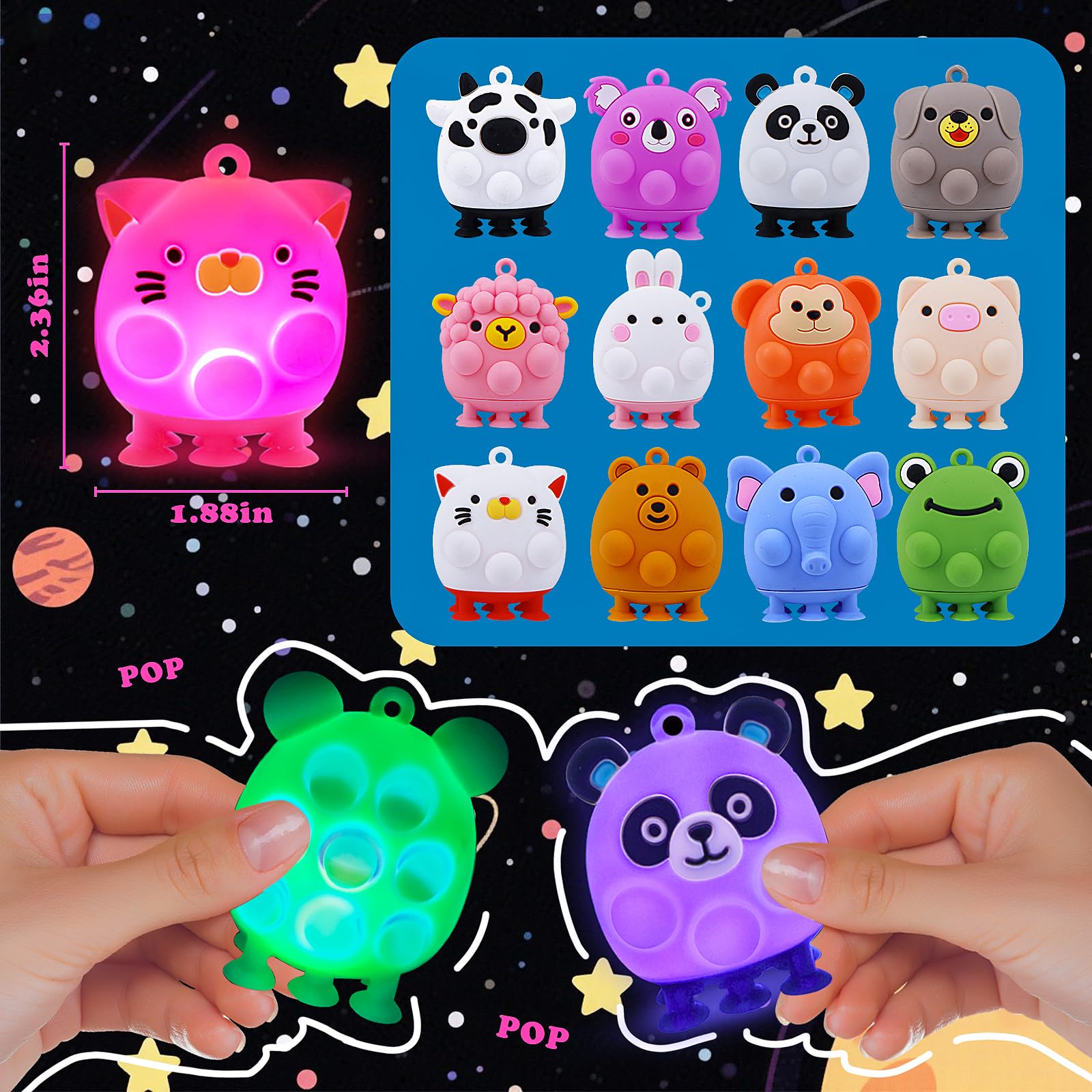 Light Up Animal Pop Fidget Toys, 12 PCS Silicone Suction Toys, Glow Party Favors for Kids, Goodie Bags Stuffers, Birthday Gifts, Bulk Toys Prizes, Classroom Prizes