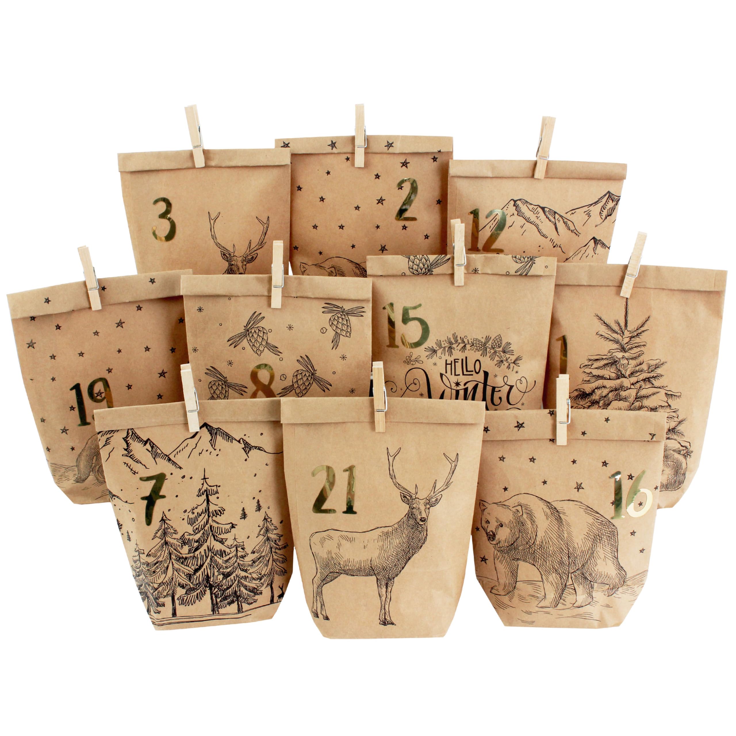 Papierdrachen DIY Advent Calendar for Filling, 24 Printed Gift Bags and 24 Number Stickers and Clips, for Crafting and Gifts, Christmas, Motif cosy winter, black