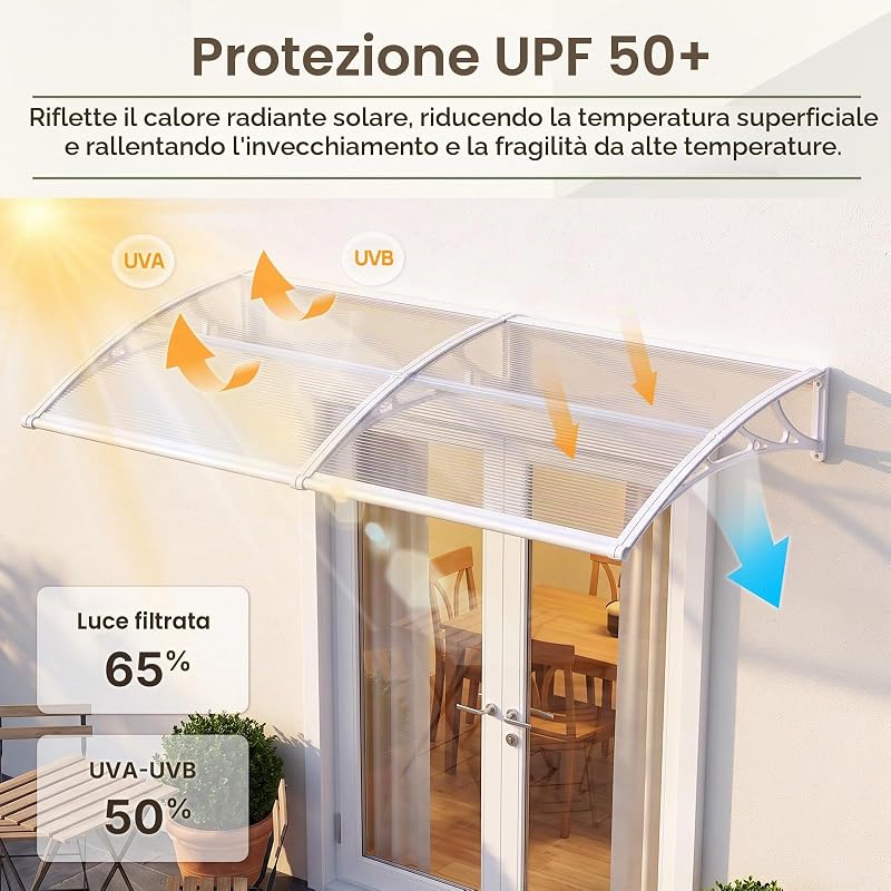 Pensilina da Esterno 100 x 300 cm – Tettoia per Porta d’Ingresso in Policarbonato con Staffe in ABS, Protezione da Pioggia, Neve e Raggi UV per Porta, Finestra e Terrazza