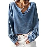 SOLY HUX Women's V Neck Drop Shoulder Pullover Sweatshirt Vintage Long Sleeve Loose Tops Fall Clothes