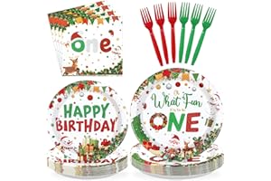 GREENCIAN 96Pcs Christmas 1st Birthday Party Supplies Oh What Fun It is to Be One Plates and Napkins Disposable Xmas Tree Gift Reindeer Tableware Set for Kid Happy Birthday Christmas Party Decorations Serves 24
