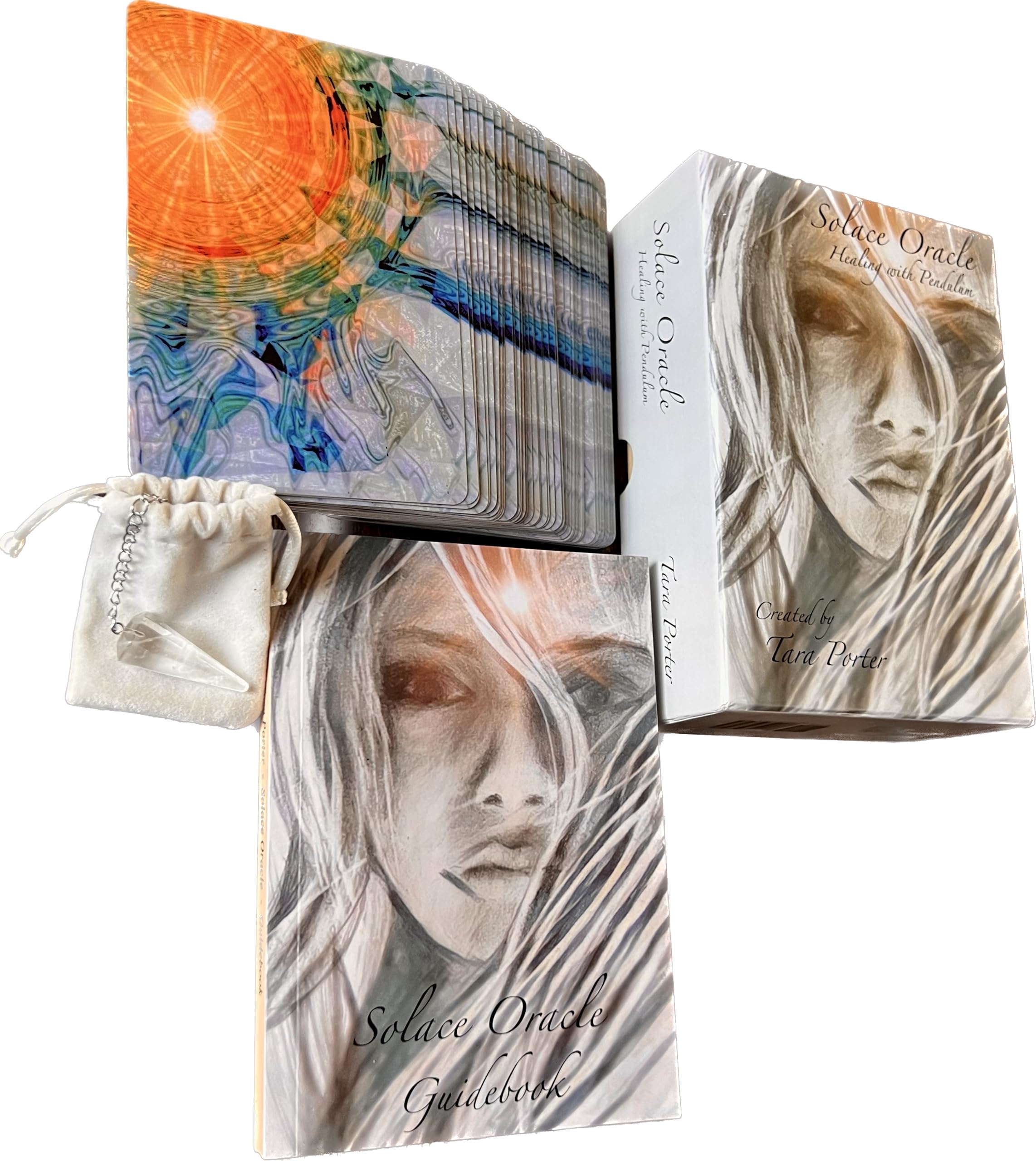 Solace Oracle (77 Card Set with Clear Quartz Pendulum & Guidebook) Unique Tarot Deck, Pendulum Lets Your Angels and Spirit Guides Pick Your Cards