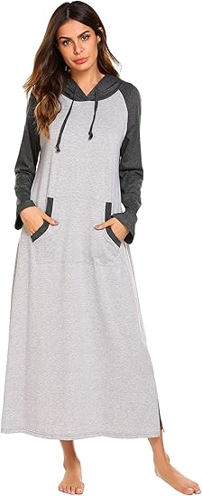 Ekouaer Sleepwear Women Long Sleeve Hooded Nightgown Contrast