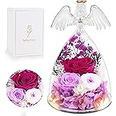 YOFIT Gifts for Women Mom-Preserved Roses in Glass Angel Figurine, Forever Fresh Flowers for Her Grandma, Gifts for Valentines Mother's Day Birthday (Purple, Lights)