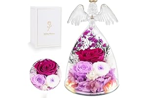 YOFIT Angel Figurines with Preserved Roses & Warm Light - Birthday Gifts for Women, Mom, Grandma, Unique Gift for Christmas, Anniversary, Sympathy, Memorial Home Decor (Purple)