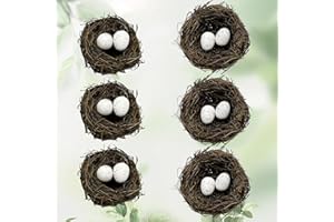LWINGFLYER 6pcs Small Faux Bird Nest with Eggs for Crafts, Artificial Rattan Birds Nest for Easter Wedding Home Paty Christmas Tree Decoration (6pcs Mixed Small Size Nest,12pcs Eggs)