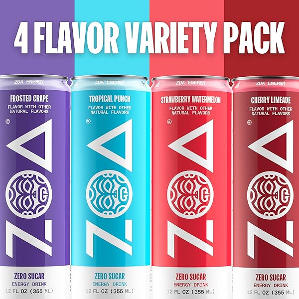 ZOA ZERO SUGAR ENERGY DRINKS WITH ELECTROLYTES, VITAMIN C, AMINO ACIDS, B-VITAMINS, MADE WITH GREEN TEA CAFFEINE, SUGAR-FREE VARIETY PACK- FOUR FLAVORS, 12 FL OZ CANS (12-PACK)