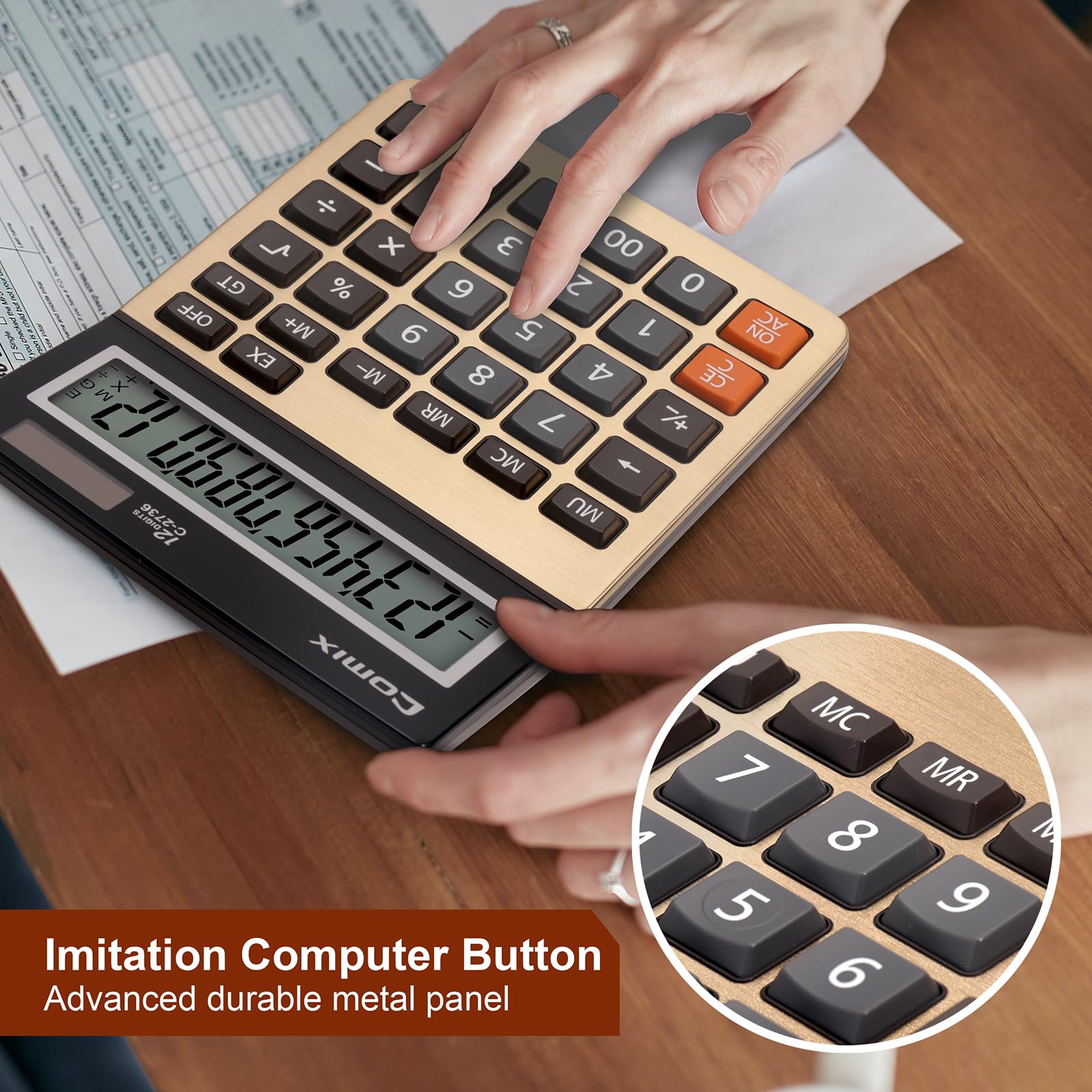 Comix Desk Calculator, 12-Digit Large LCD Display, Big Buttons, Solar Battery Dual Power, Desktop Calculator for Home Office School C-2736