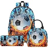 Batantec 3PCS Soccer Backpack Set for Boys, Large Lightweight 17 Inch Backpack with Lunch Bag & Pencil Case for Kids, Back to School Cool Sports Bookbag for Elementary Middle School - Fire
