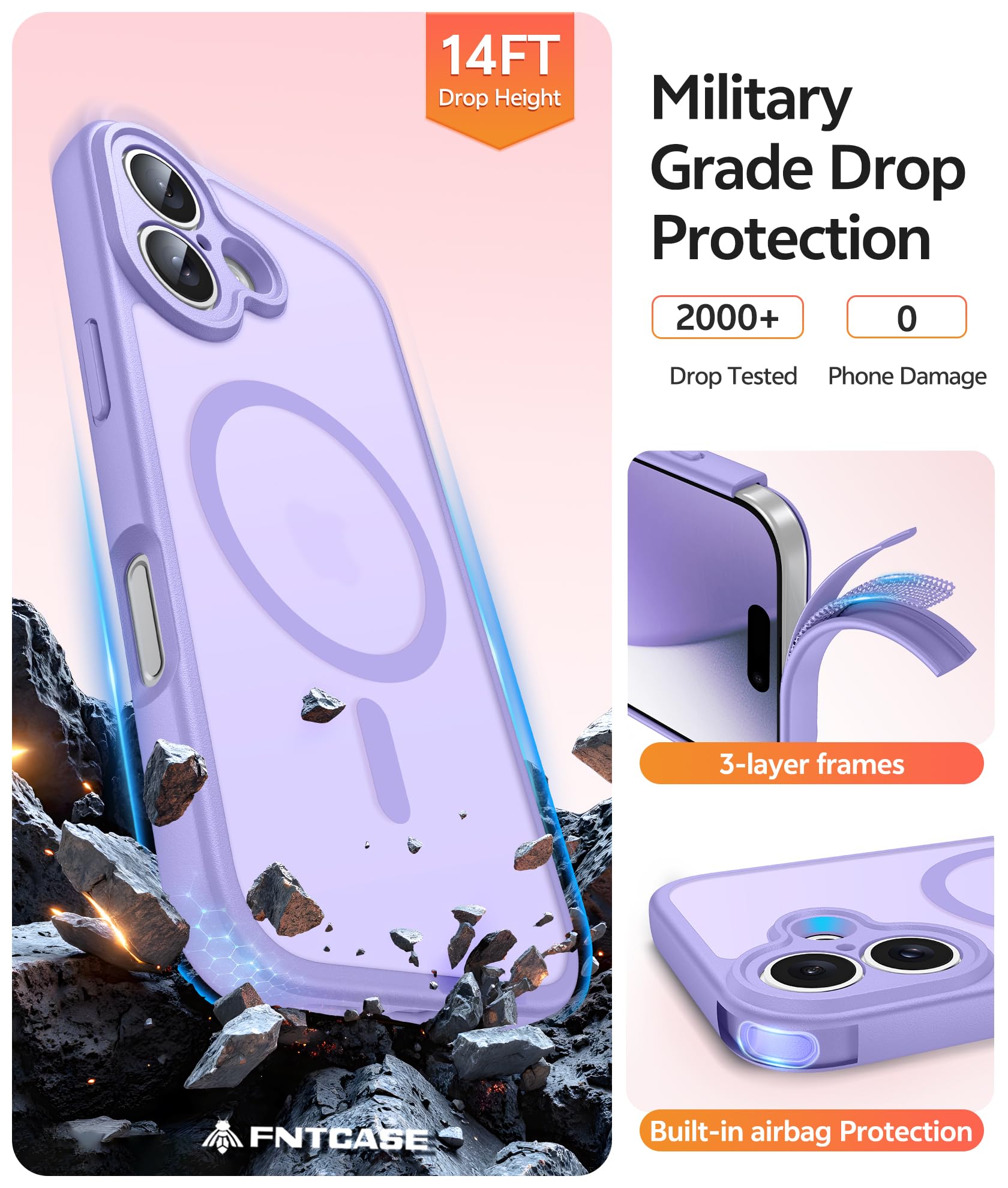 FNTCASE for iPhone 17 Phone Case: Magnetic Translucent Matte [Full Covered Camera Protection] [Screen Protector] Military Grade Shockproof Slim Cover Drop Proof Protective Cases - Light Purple