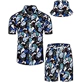 TUNEVUSE Mens Hawaiian Shirts and Shorts Set 2 Pieces Beach Outfits Flower Print Summer Tropical Suit with Bucket Hats