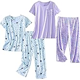 PNAEONG 2 Pack Women's Cotton Pajama Sets Short Sleeve Sleepwear Tops with Capri Pants Summer Loungewear Pj Sets S-3XL
