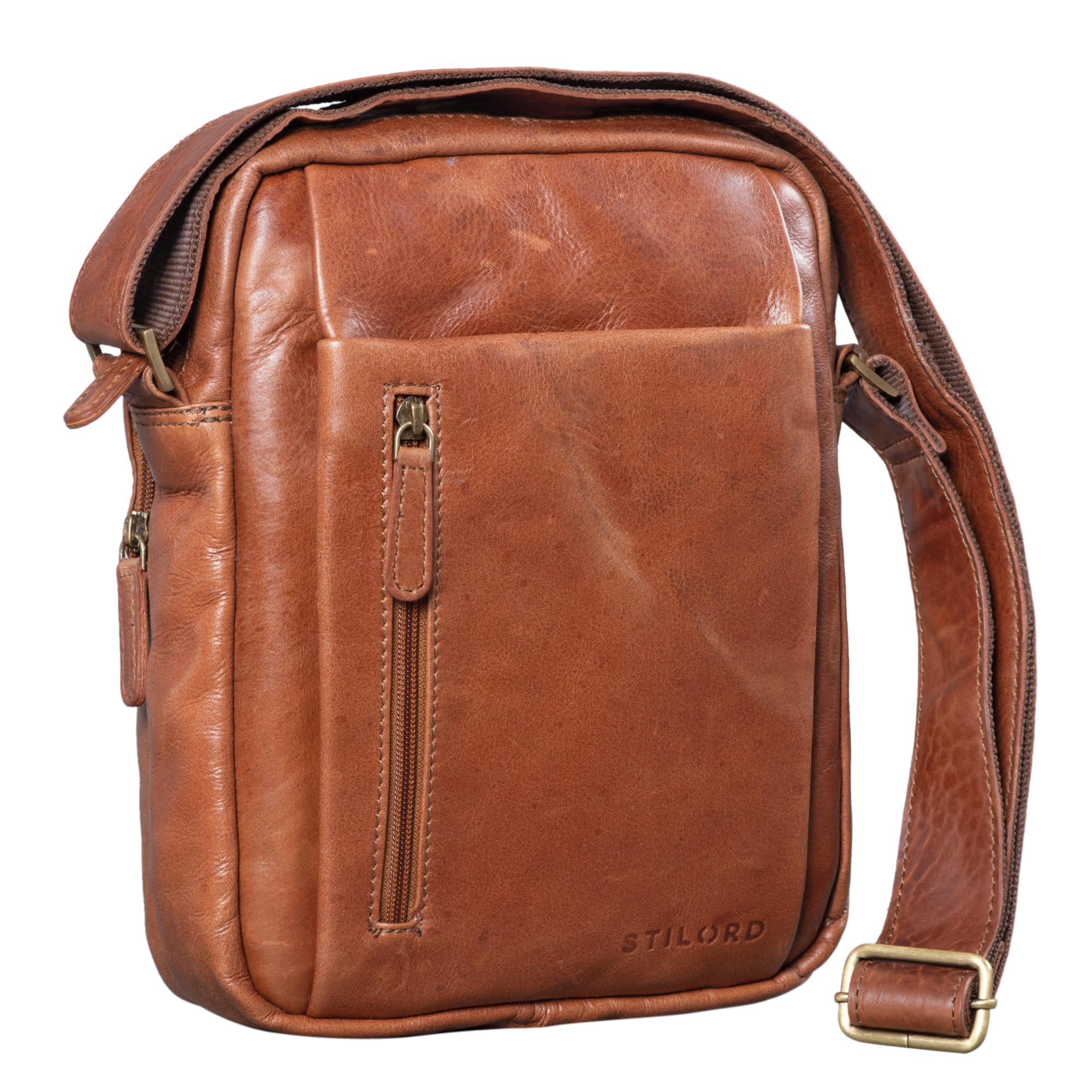 STILORD "Irving" Vintage Leather Bag Shoulder Cross Over Handbag Satcel for 10.1 Inch Tablet and iPad DIN A5 Small Messenger Bag Colour:Shiny Cognac Brown