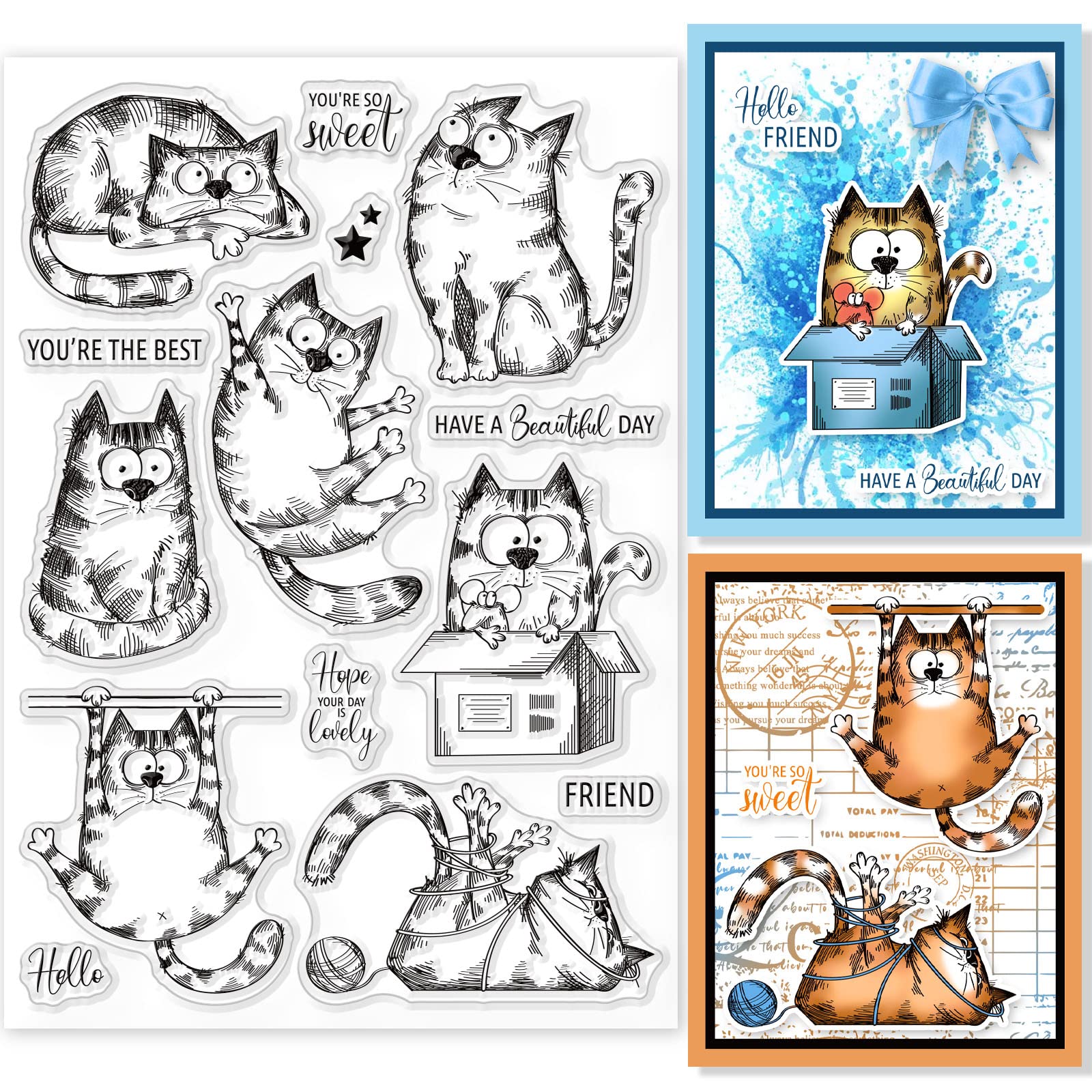 GLOBLELAND Cartoon Cats Clear Stamps 21x14.8cm/8.3x5.8inch Blessing Words Funny Animals Silicone Clear Stamp Seals for Cards Making DIY Scrapbooking Photo Journal Album Decoration