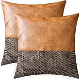 CaliTime Throw Pillow Covers Pack of 2 Soft Faux Leather Solid Dyed Cross Chenille Cushion Cases for Couch Sofa Home Decoration 18 X 18 Inches Brown