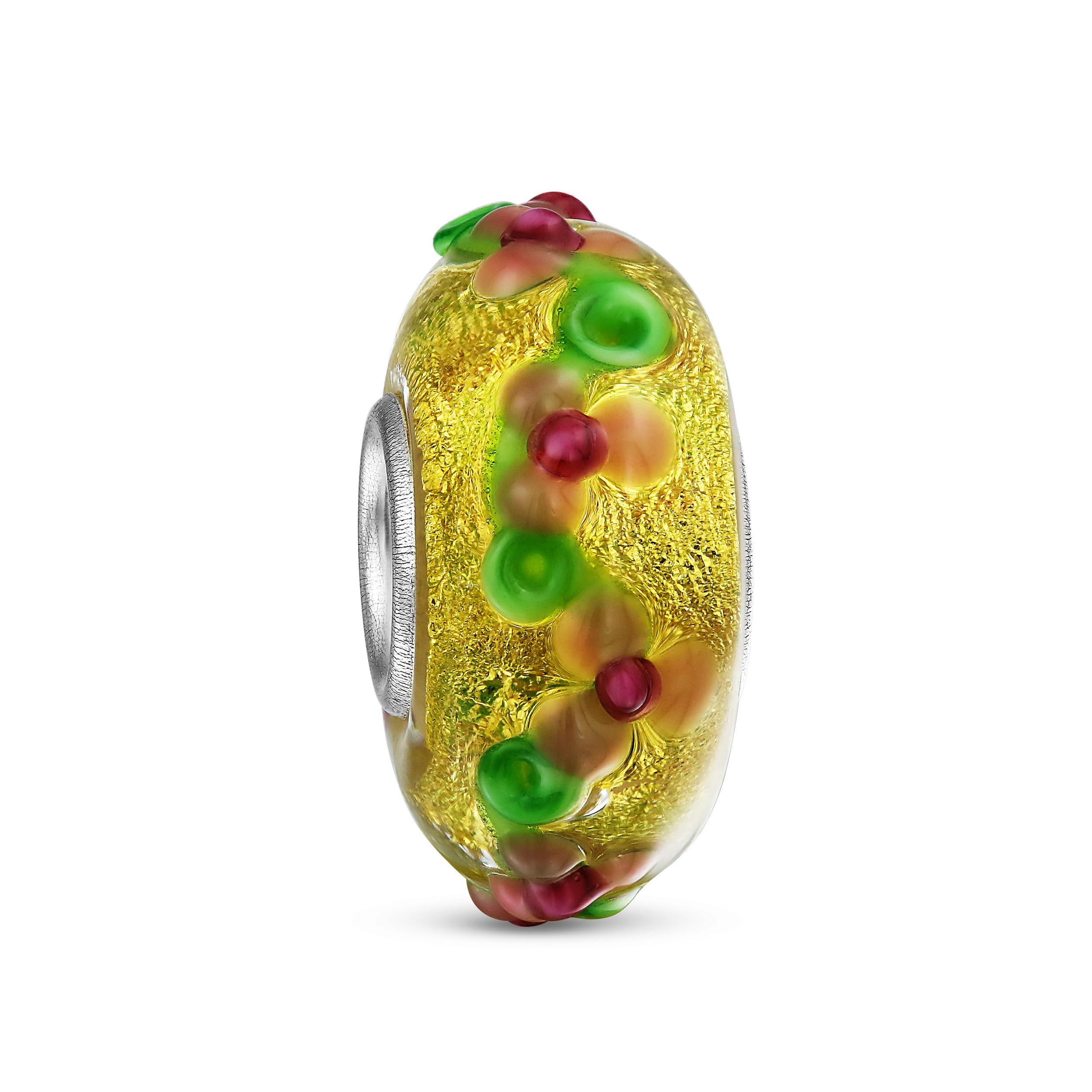 Bling Jewelry Murano Glass 3D Lamp work Multi Color Gold Foil Metallic Flower Charm Bead For Women Teen Fits European Bracelet 925 Sterling Silver Core