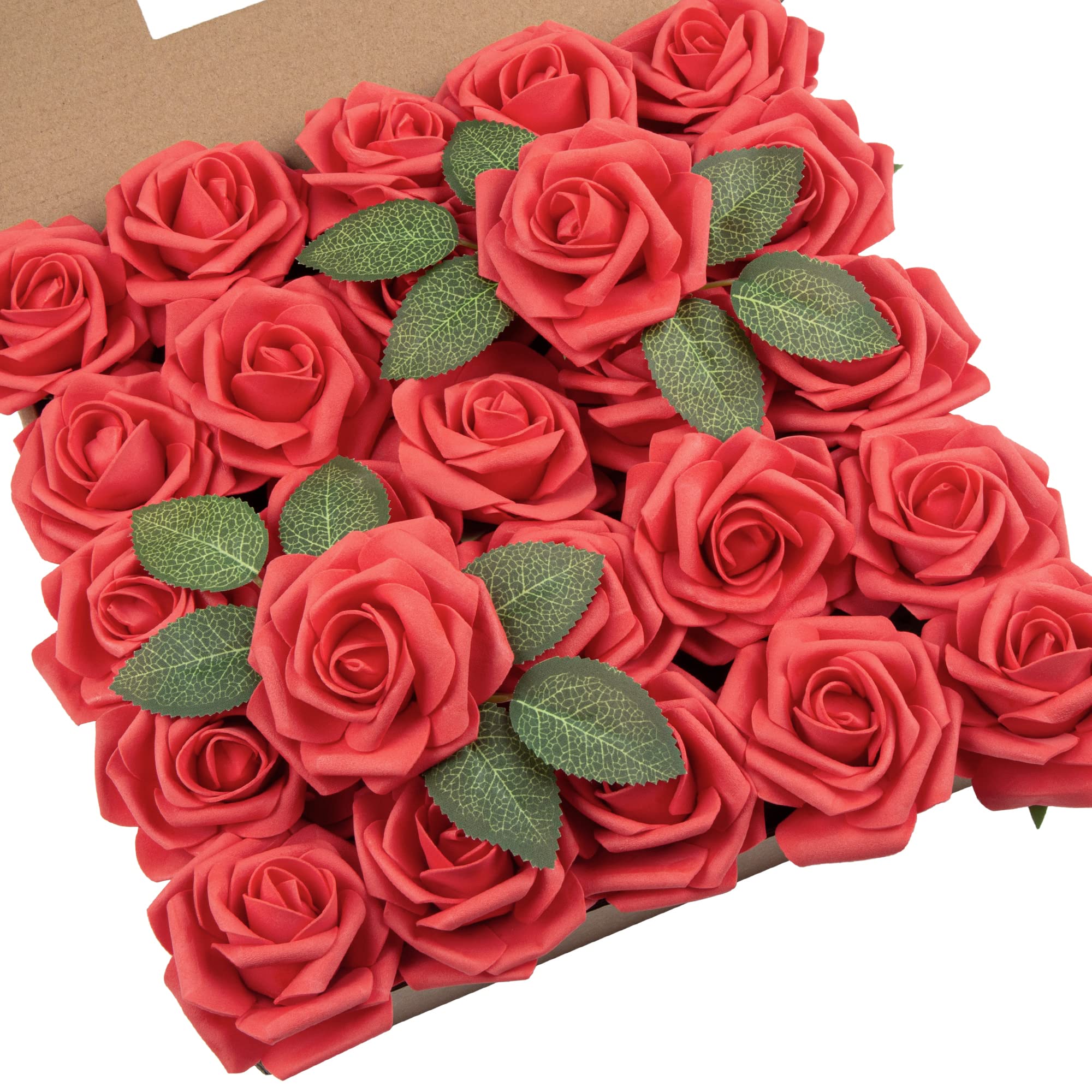 DuHouse 25Pcs Artificial Roses Flowers Fake Rose with Stems Real Touch Foam Flower Head for DIY Wedding Bridal Bouquet Baby Shower Centerpiece Floral Arrangement Party Home Decor(Red)
