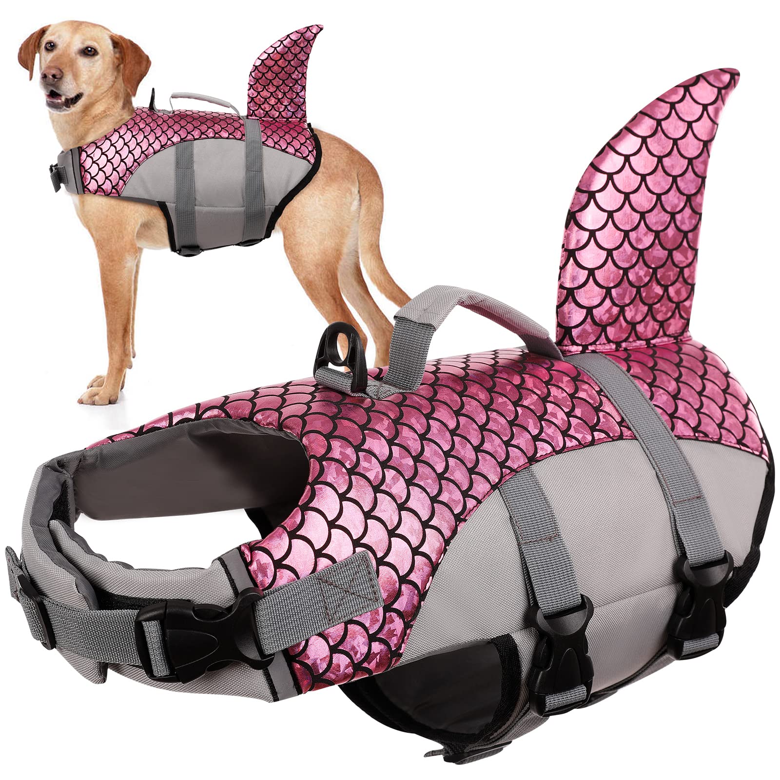 PUMYPOREITY Dog Life Jacket Dog Life Vest Shark Costume Protection Swimsuit Adjustable Swimwear Life Saver Floatation Vest for Swimming Pool Beach Boating for Small Medium Large Dogs (Pink, XL)