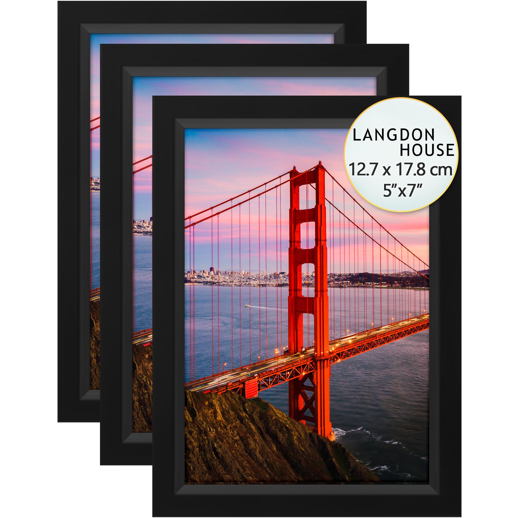 Langdon House 7x5 Picture Frames (Black, 3 Pack), Modern w/Bevelled Accent, Tabletop Easel and Wall Hanging Hooks Included, Radiant Collection