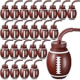 Sawysine 24 Sets Football Ball Cups with Straws and Lids, 10 oz Toddler Plastic Reusable Super Football Party Cups Bulk for Kids Birthday Theme Party Supplies