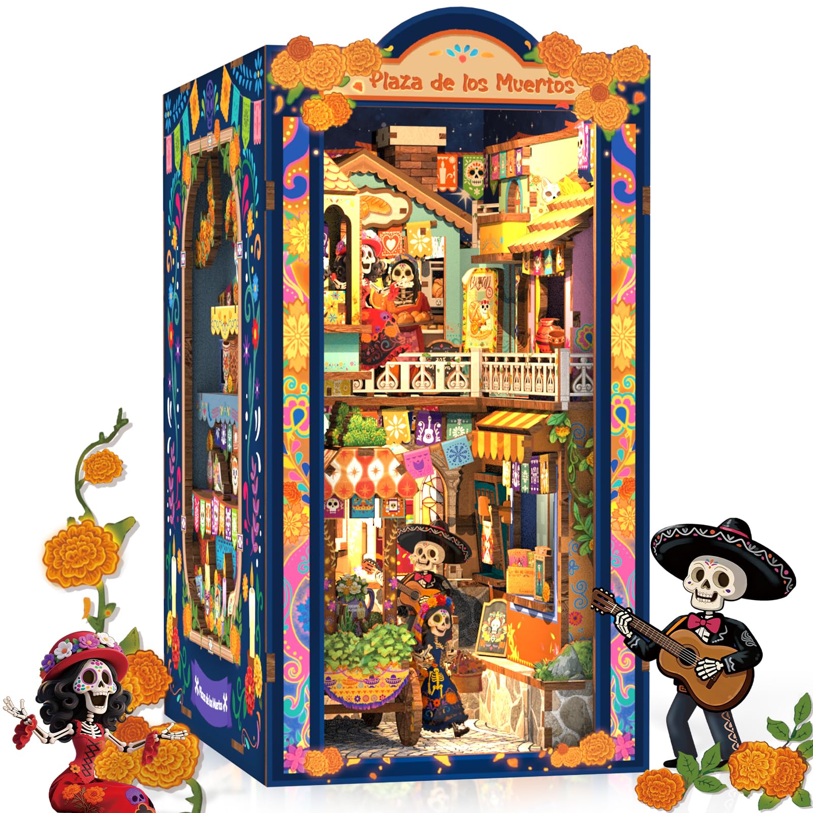 CUTEBEE Book Nook Kit - DIY Miniature House Kit for Adults, 3D Wooden Puzzle Bookshelf Insert Decor, Day of the Dead Booknook, Mexican Folklore LED Miniature Kit, Unique Gifts (Plaza de Los Muertos) Image