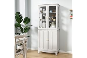 ARTPOWER 72" Freestanding Kitchen Pantry Storage Sideboard, Classical Tall Cabinet with Glass Door and Adjustable Shelves for Kitchen, Livingroom and Dining Room, White