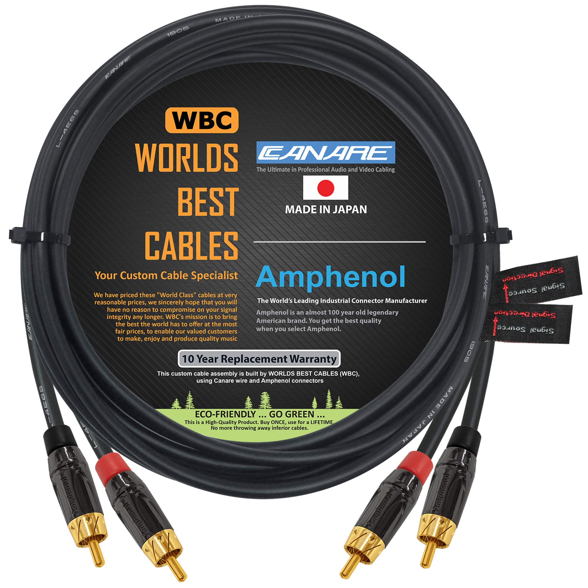 5 Meter RCA Cable Pair - Canare L-4E6S Star-Quad Balanced Audio Interconnect Cable with Amphenol ACPL Black Chrome Body, Gold Plated RCA Connectors - Directional