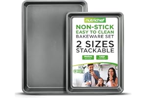NutriChef 2-Piece Nonstick Cookie Sheet Baking Pan Set - Premium Bake Trays w/ Sleek Non-Stick Coating PFOA, PFOS, & PTFE Free - Large (15"x11") & Medium (13"x9") - Dishwasher Safe