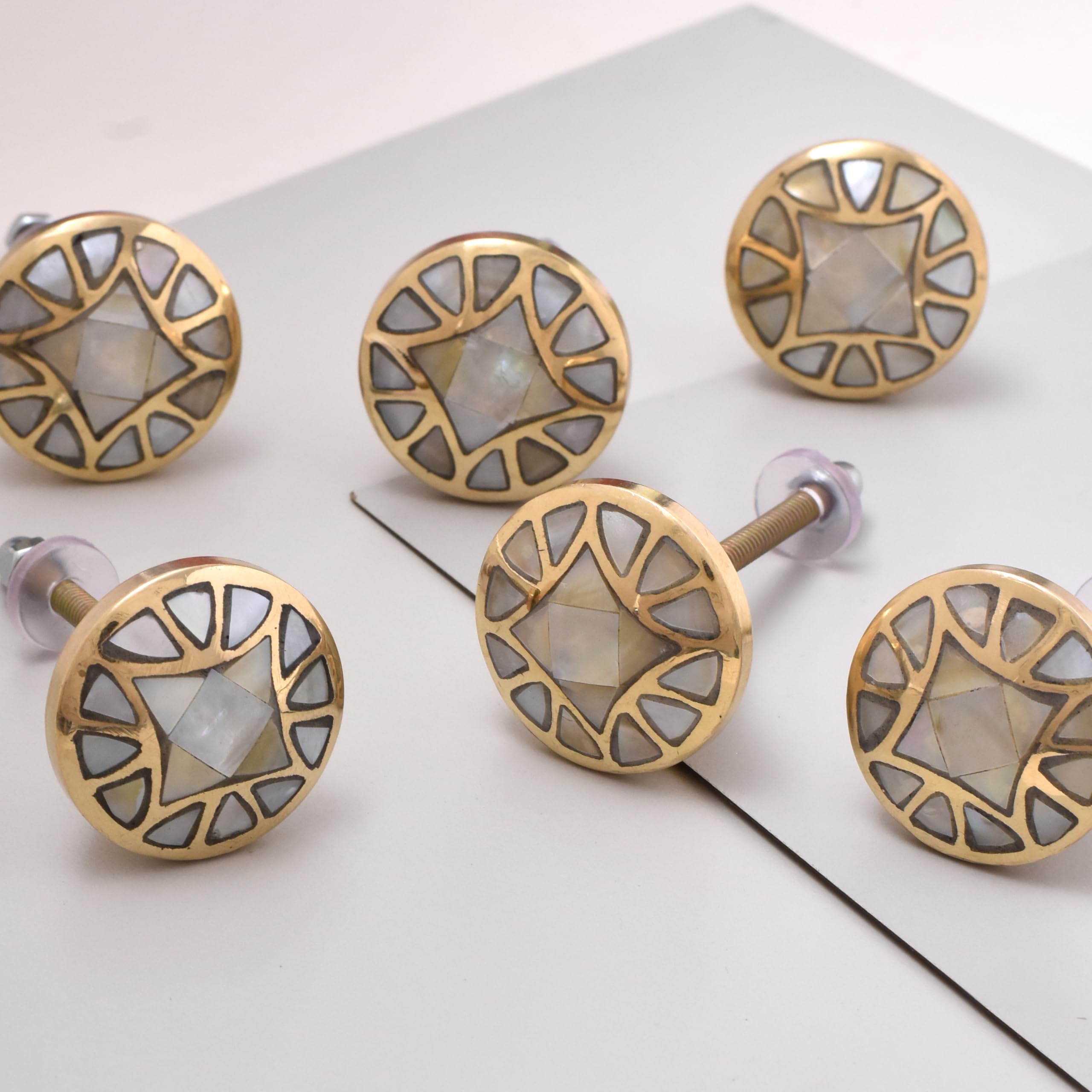 Photo 1 of Indian Shelf 6 Piece Premium Mother of Pearl Gold Drawer Knobs Decorative Gold Embroidered Kitchen Cabinet Handles Unique Dresser Pulls Brass Cabinet Knobs