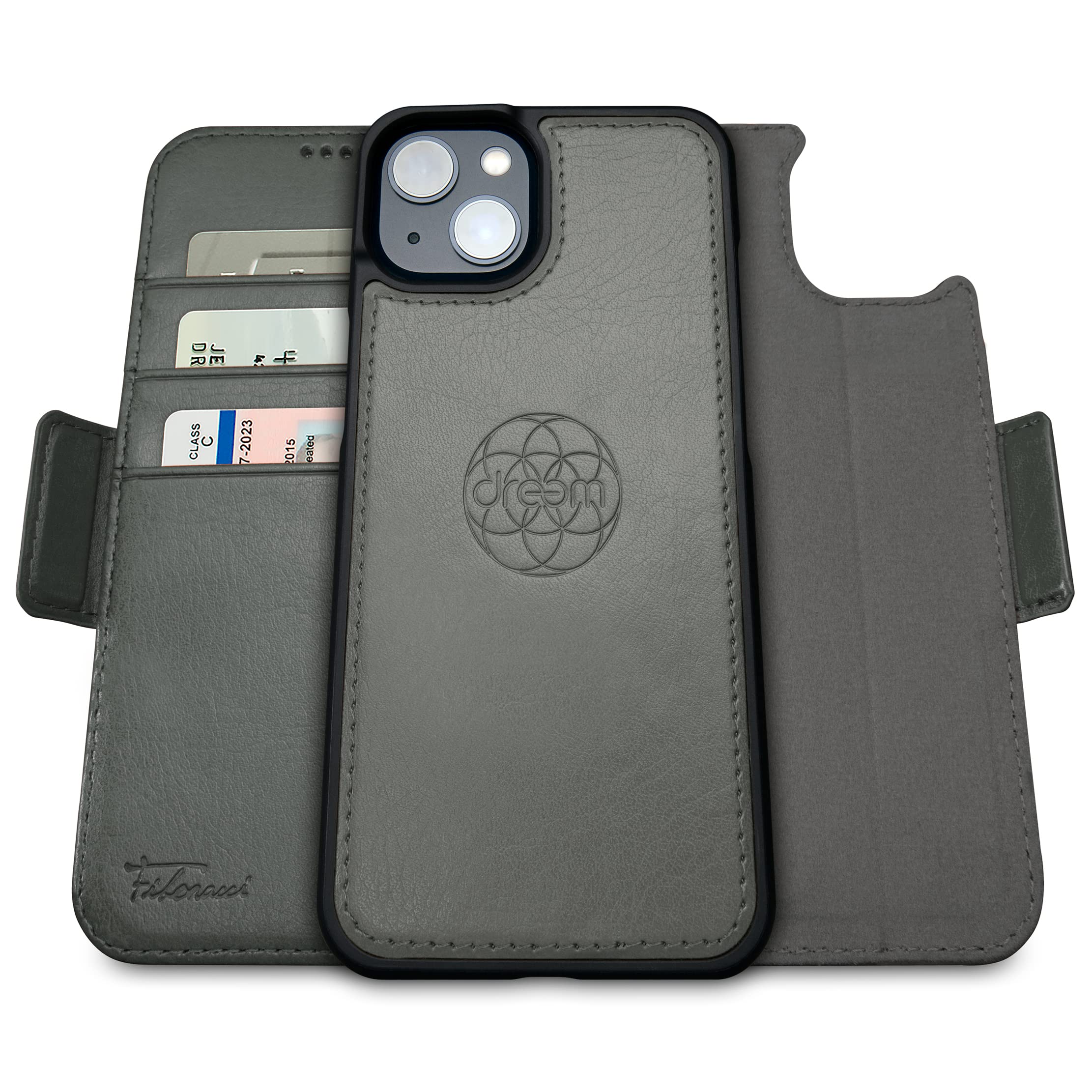 dreem Wallet Case for iPhone 14 Plus, 2 Way Phone Stand, Magnetic Detachable Vegan Leather Flip Cover RFID Blocking Card Holder, MagSafe-Fit, Gift Box [Fibonacci: Grey] — image 1