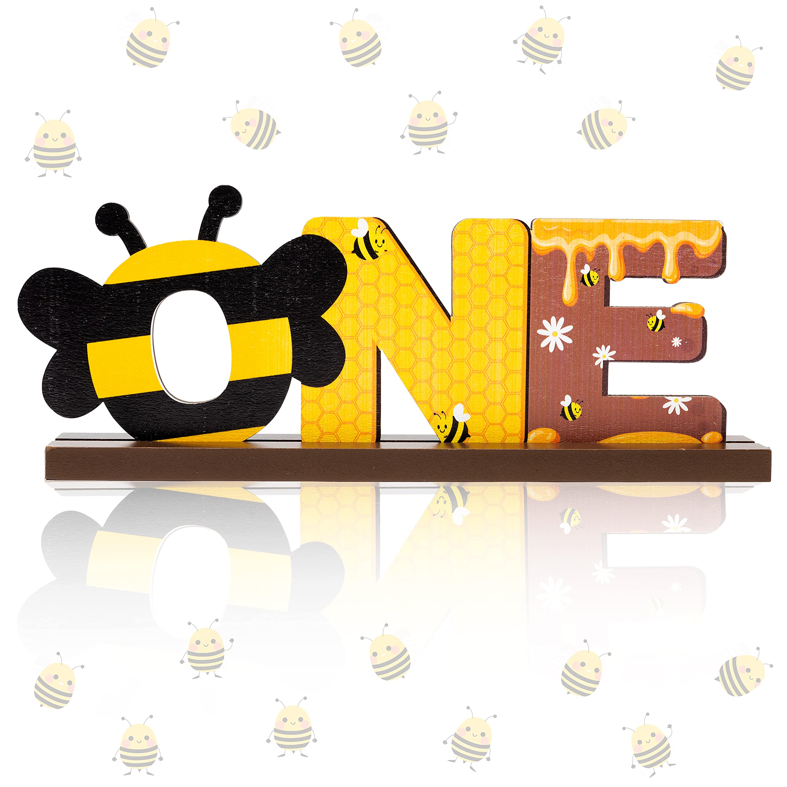 Photo 1 of OSNIE Bumble Bee ONE Letter Sign Wooden Table Centerpieces Sweet Bee Party Decor for Baby Boys Girls Summer Honey Theme 1st Birthday Milestone Baby Shower Cake Smash Photo Props for One Year Old